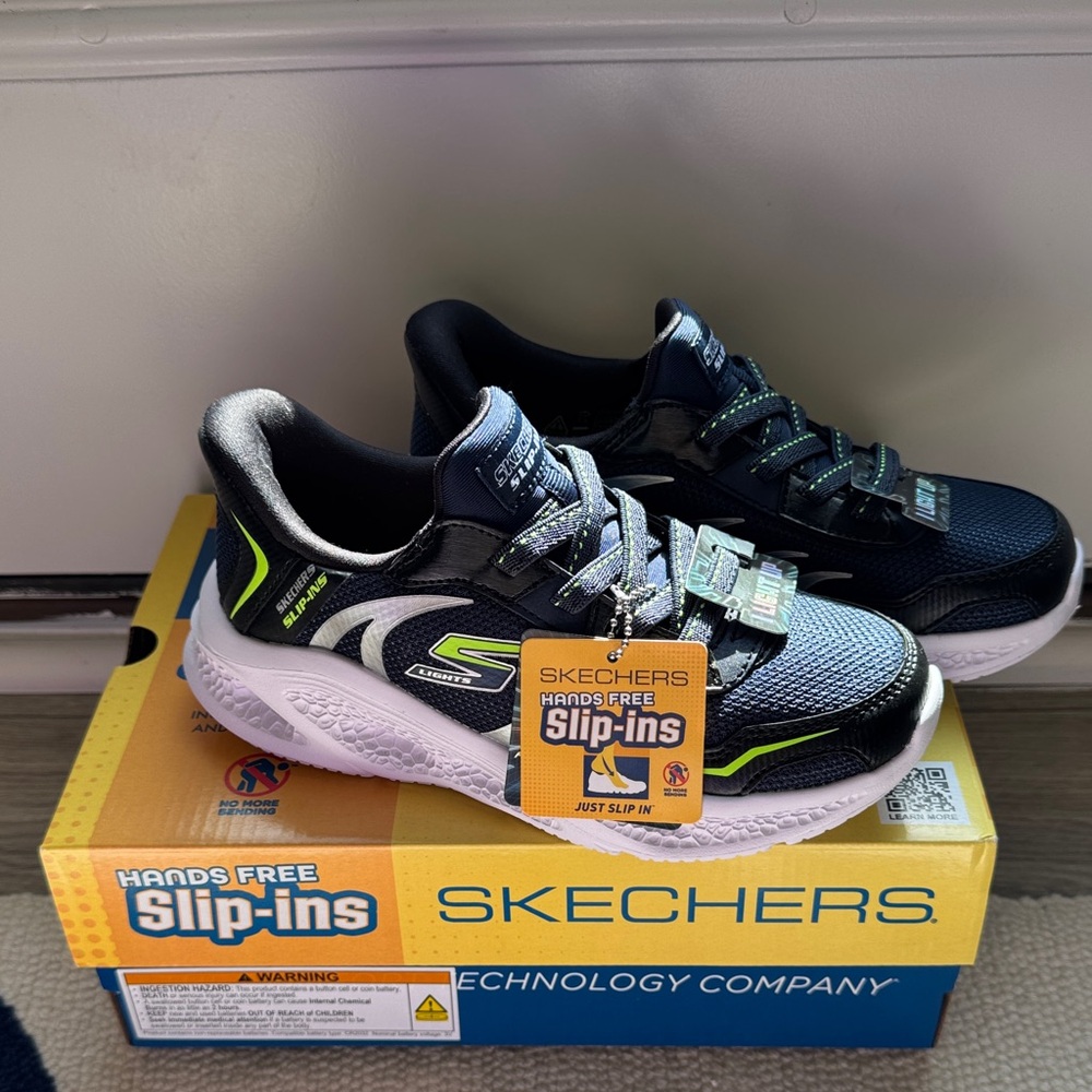Skechers Kids Slip-Ins Black and Neon Green Sneakers